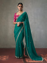 Teal green sparkling detail silk blend women saree