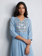 Blue folk floral women A-line dress