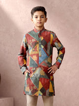 Multicolour geometric botanical boy kurta