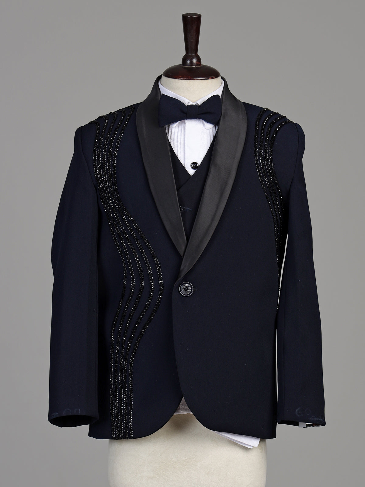 Navy blue terry rayon boys coat suit with embellished shawl lapel