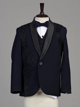 Navy blue terry rayon boys coat suit with embellished shawl lapel