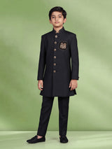 Deep midnight black terry rayon boys Indo-Western suit with royal owl crest