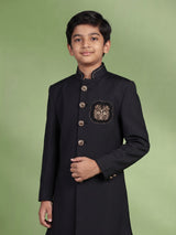 Deep midnight black terry rayon boys Indo-Western suit with royal owl crest