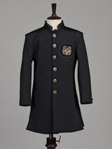 Deep midnight black terry rayon boys Indo-Western suit with royal owl crest