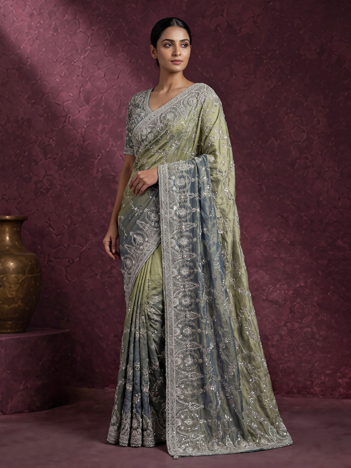 Pastel stone grey silk saree with ready made blouse