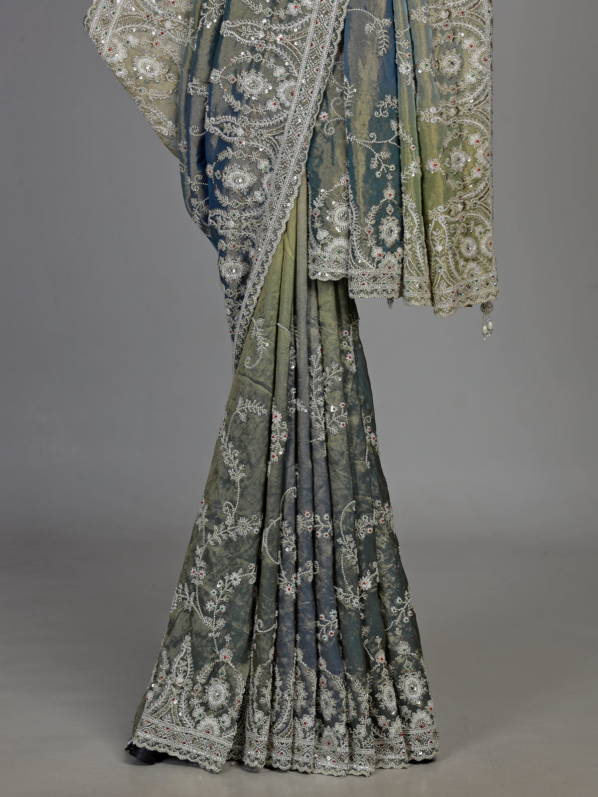 Pastel stone grey silk saree with ready made blouse