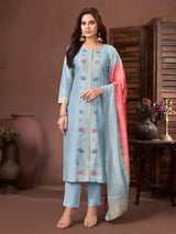 Sky blue silk embroidered festive salwar suit with dupatta