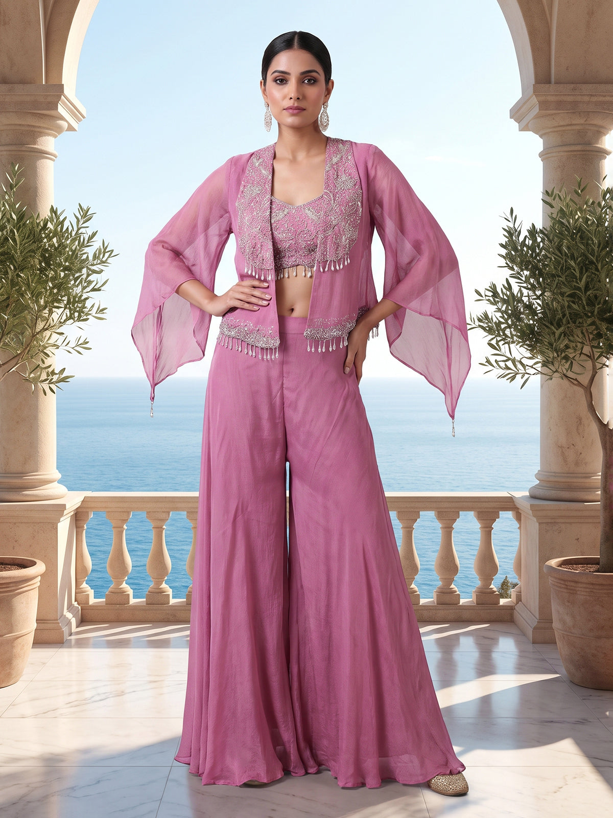Pink organza silk Indo-Western sharara suit with cape jacket