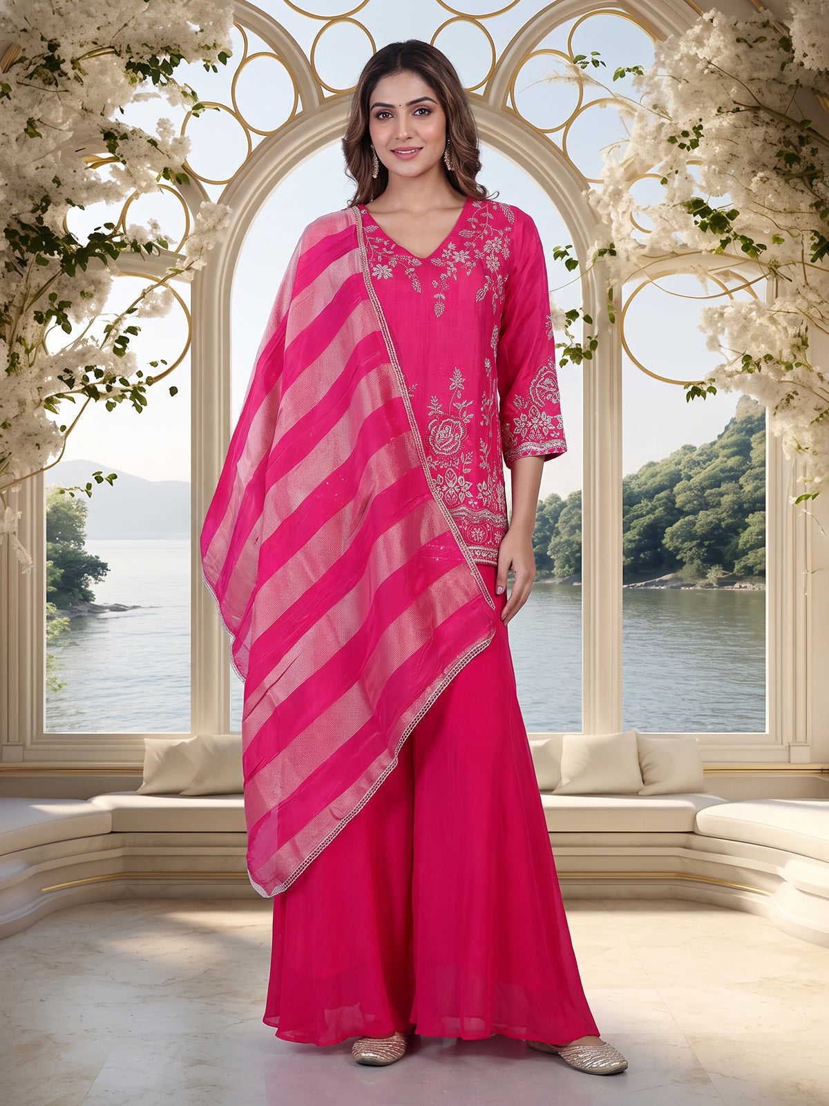 Rani pink embroidered cotton silk sharara suit with organza dupatta