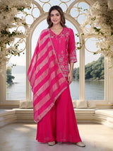 Rani pink embroidered cotton silk sharara suit with organza dupatta