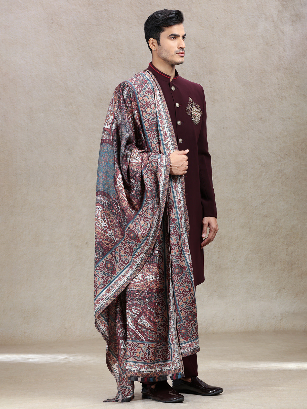 Aesthetic wine sherwani with vintage printed dupatta