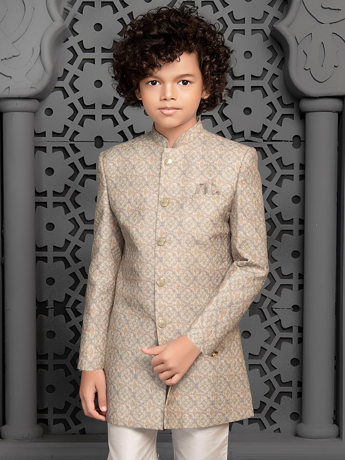Almond beige aesthetic silk indo western for boys