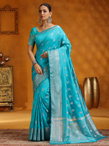 Aqua silk saree for festivals