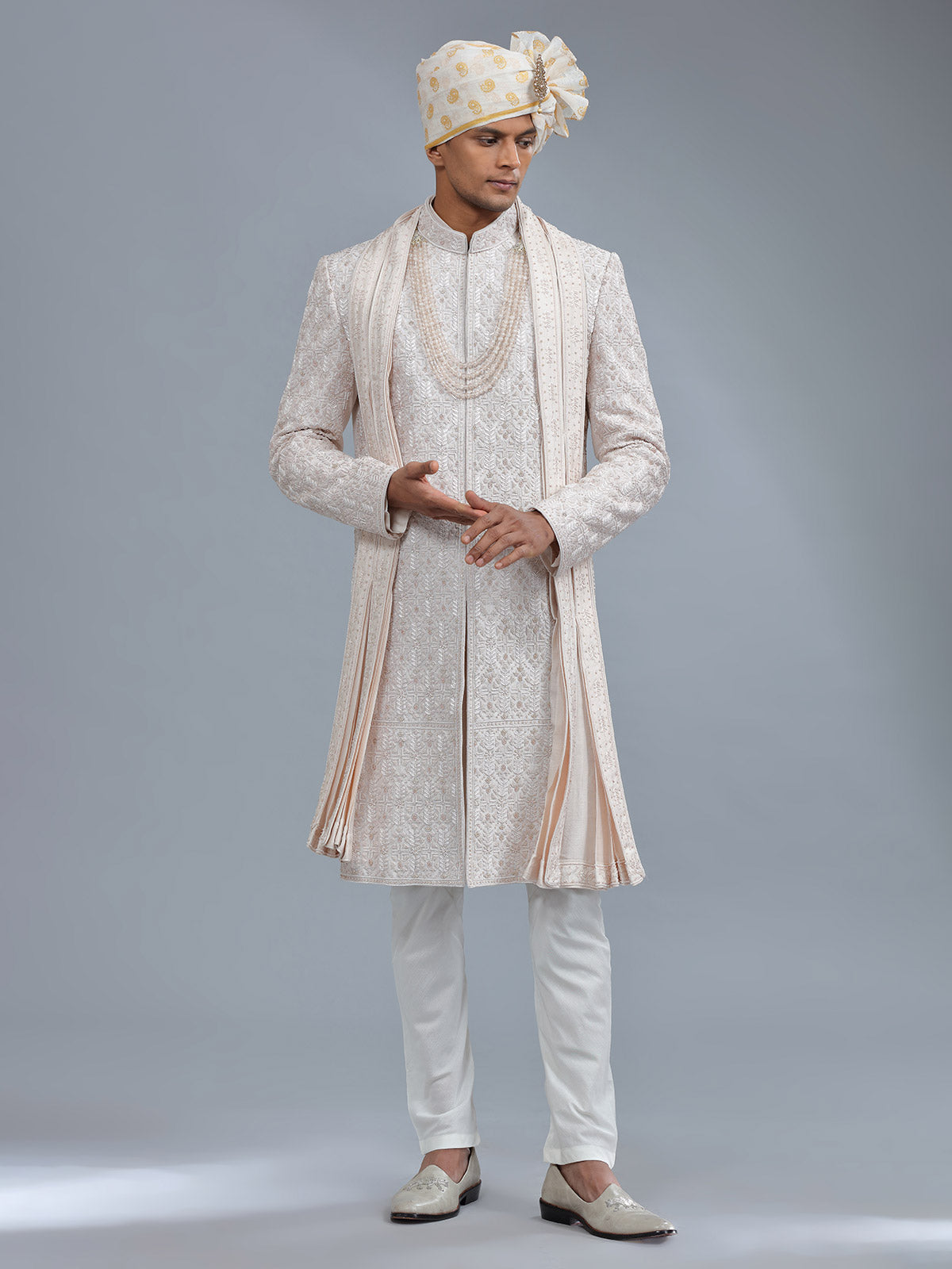 Awesome light peach raw silk sherwani for groom