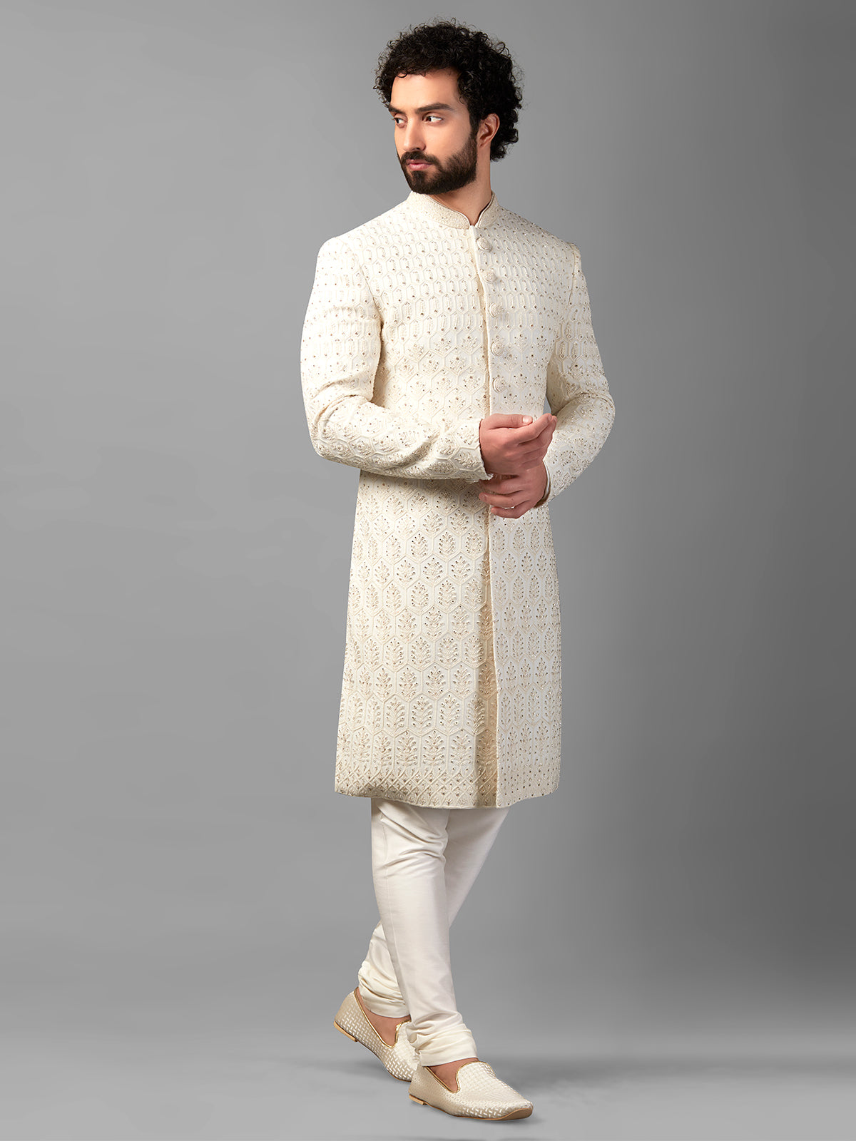 Awesome off-white silk sherwani for wedding