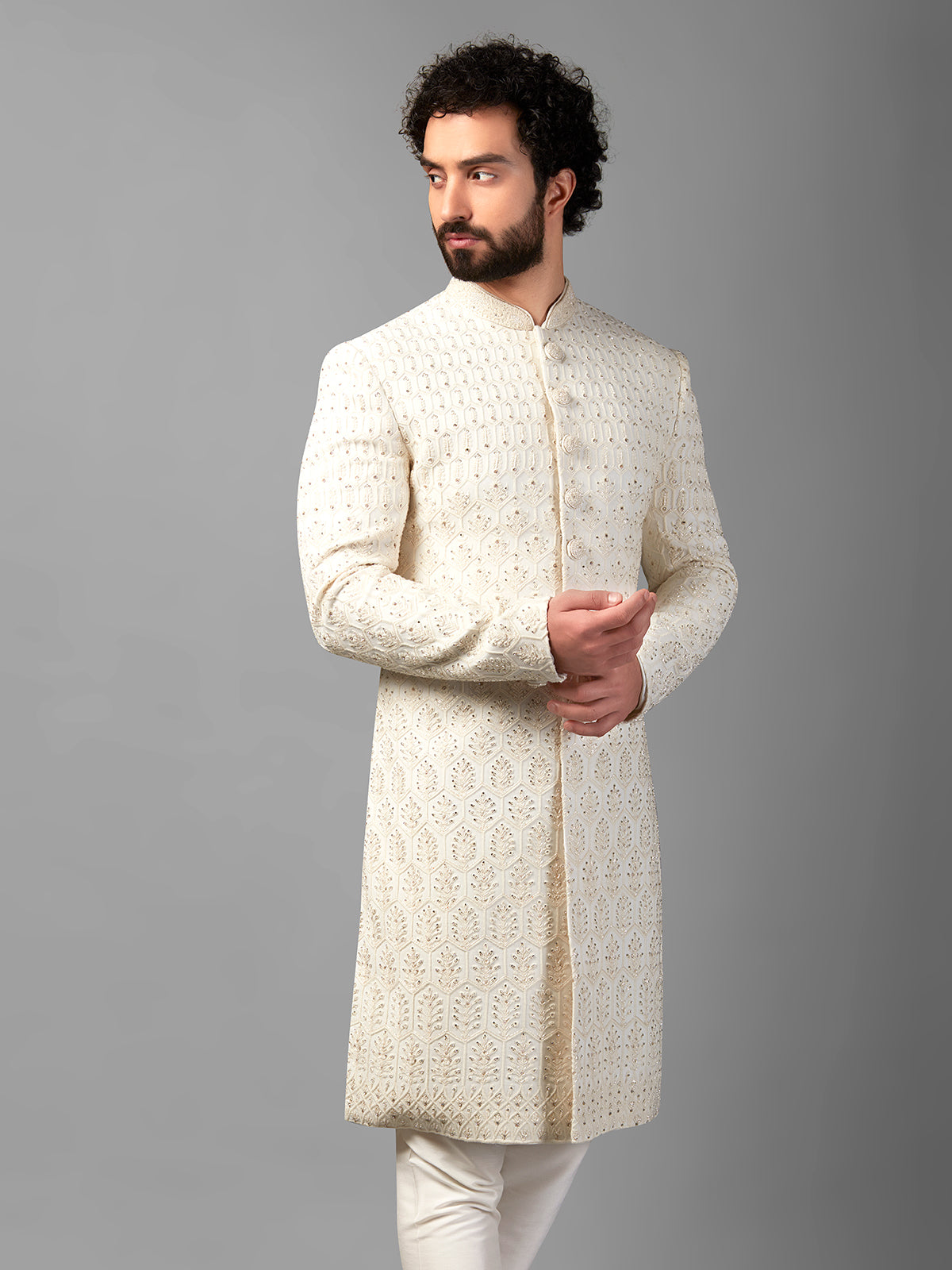 Awesome off-white silk sherwani for wedding