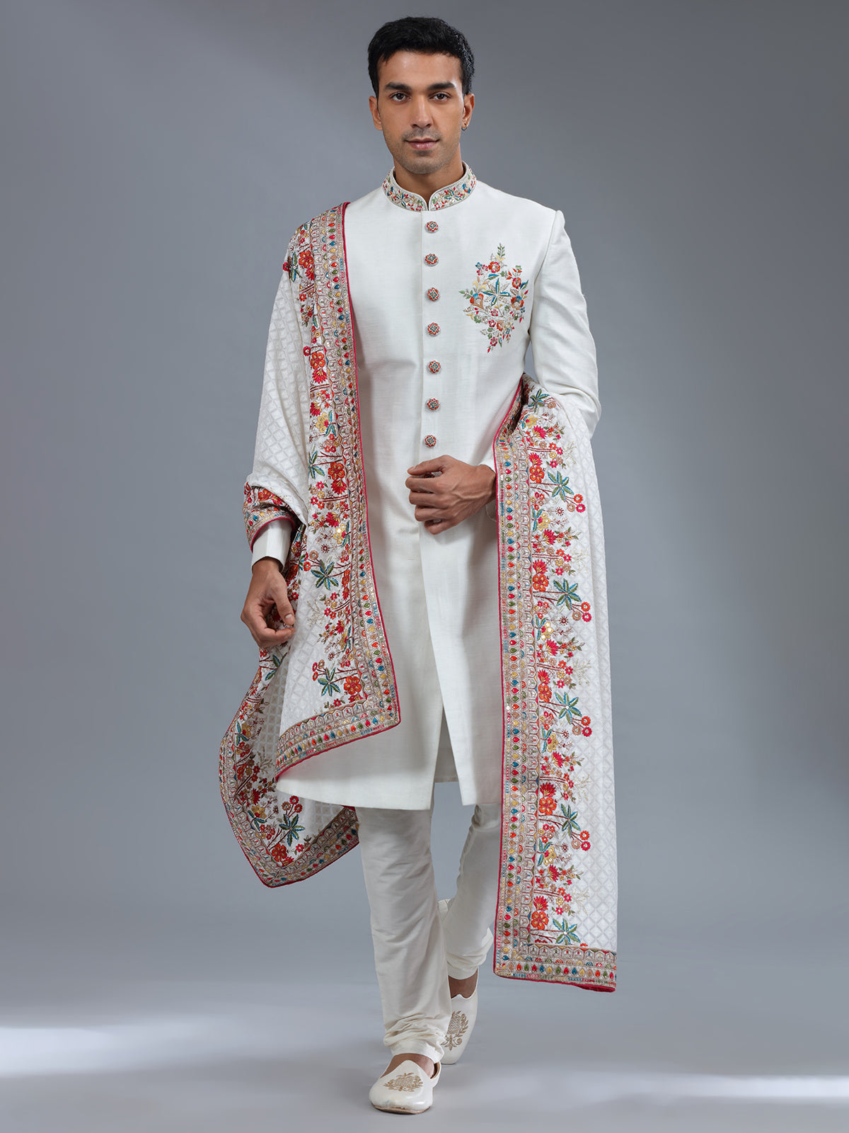 Awesome white silk sherwani for wedding