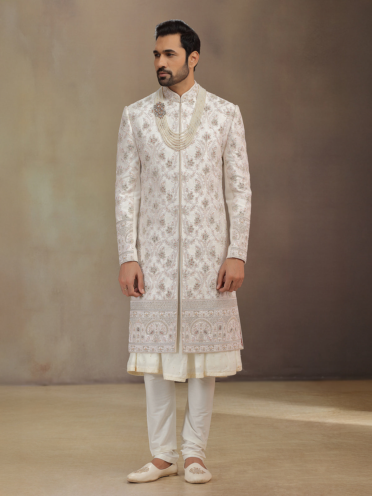 Baby pink peshwa groom sherwani in premium silk