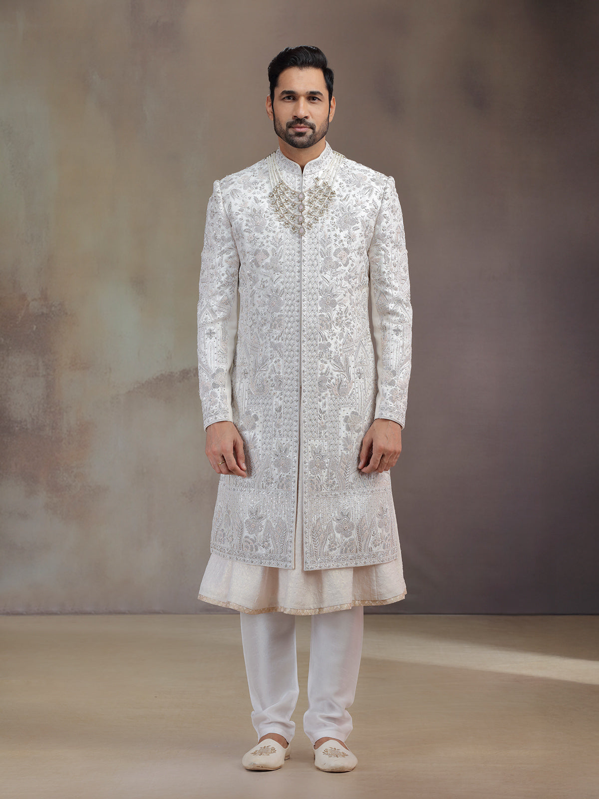 Baby pink peshwa silk groom sherwani