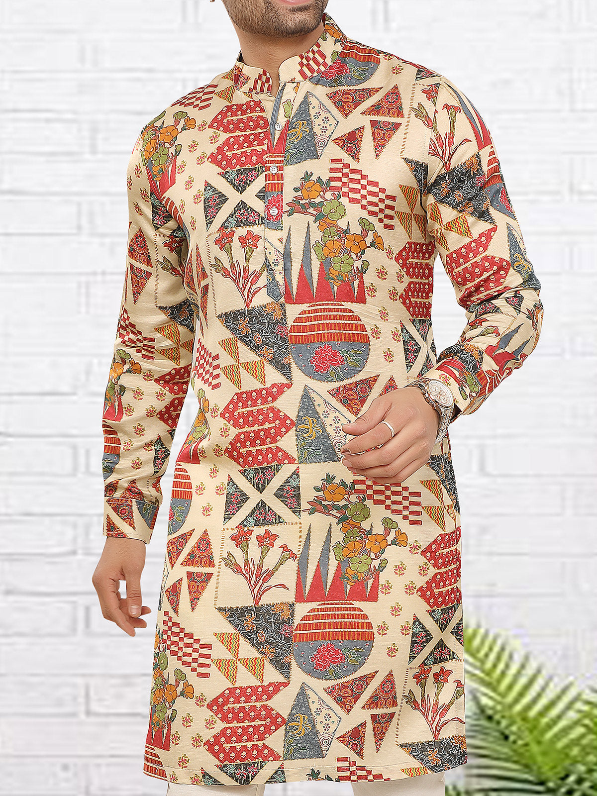 Beige abstract floral printed kurta for festive