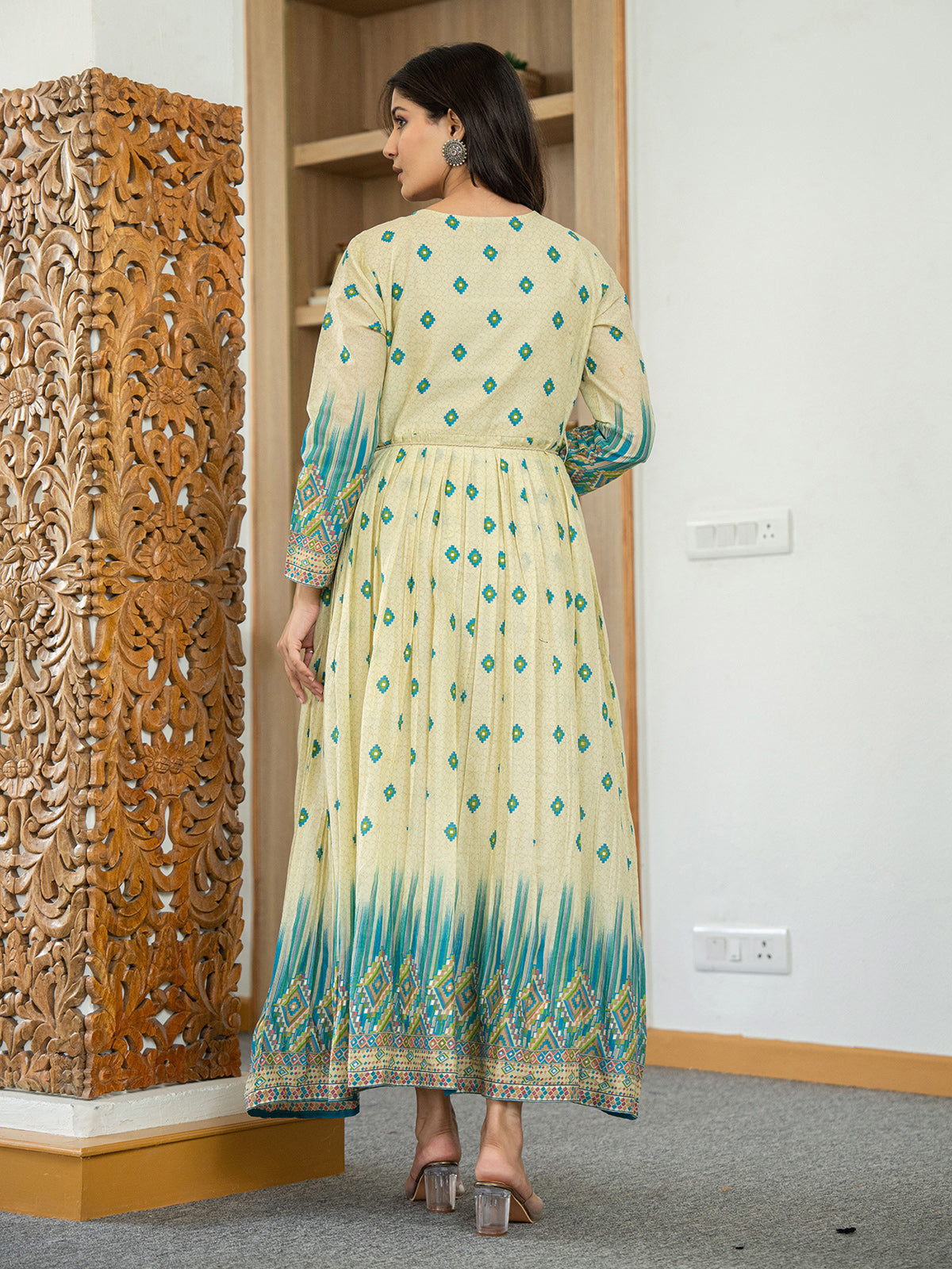 Beige and blue cotton silk printed kurti with embroidery
