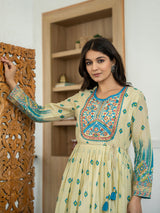 Beige and blue cotton silk printed kurti with embroidery