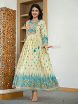 Beige and blue cotton silk printed kurti with embroidery