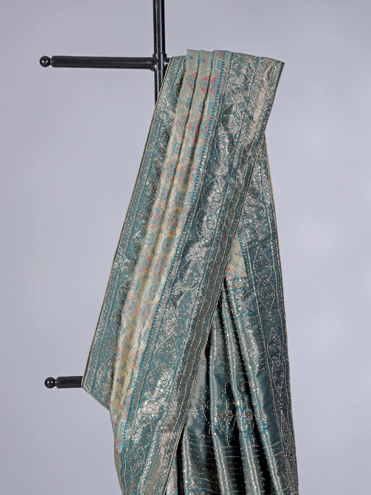 Beige and rama blue art tissue silk saree with contrast border