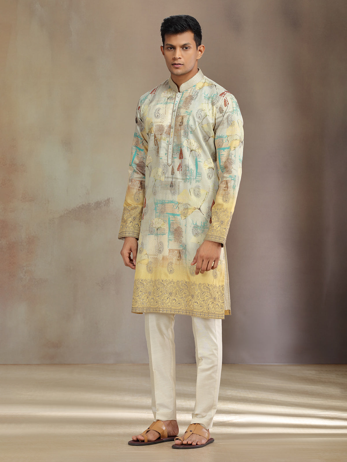 Beige and yellow printed cotton tissue silk kurta pajama