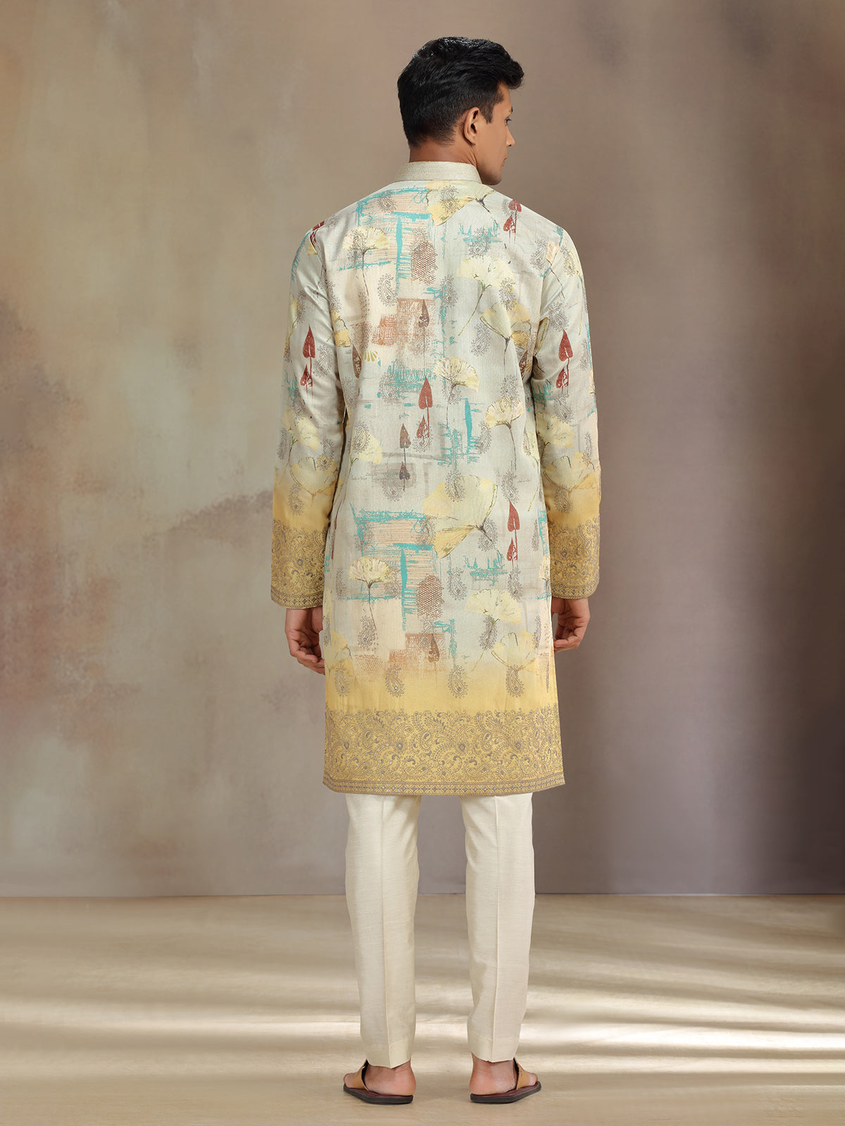Beige and yellow printed cotton tissue silk kurta pajama