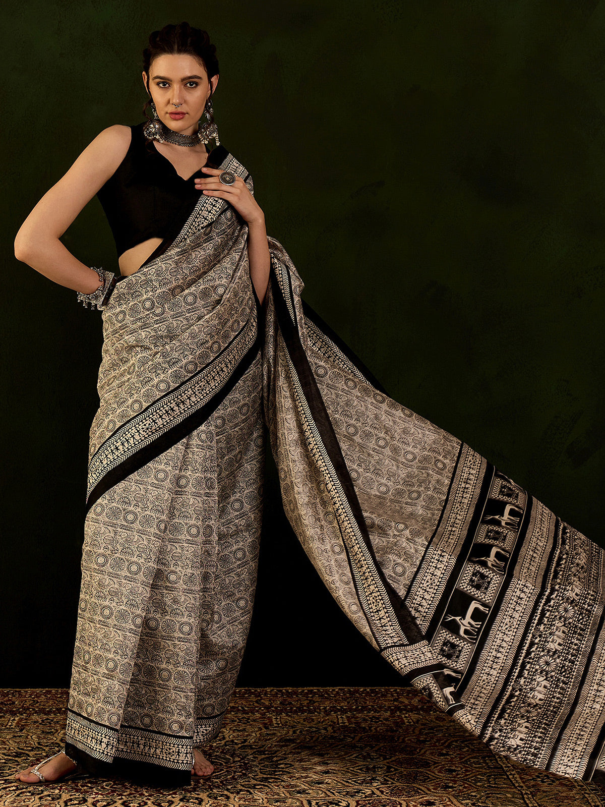 Beige bhagalpuri silk printed saree