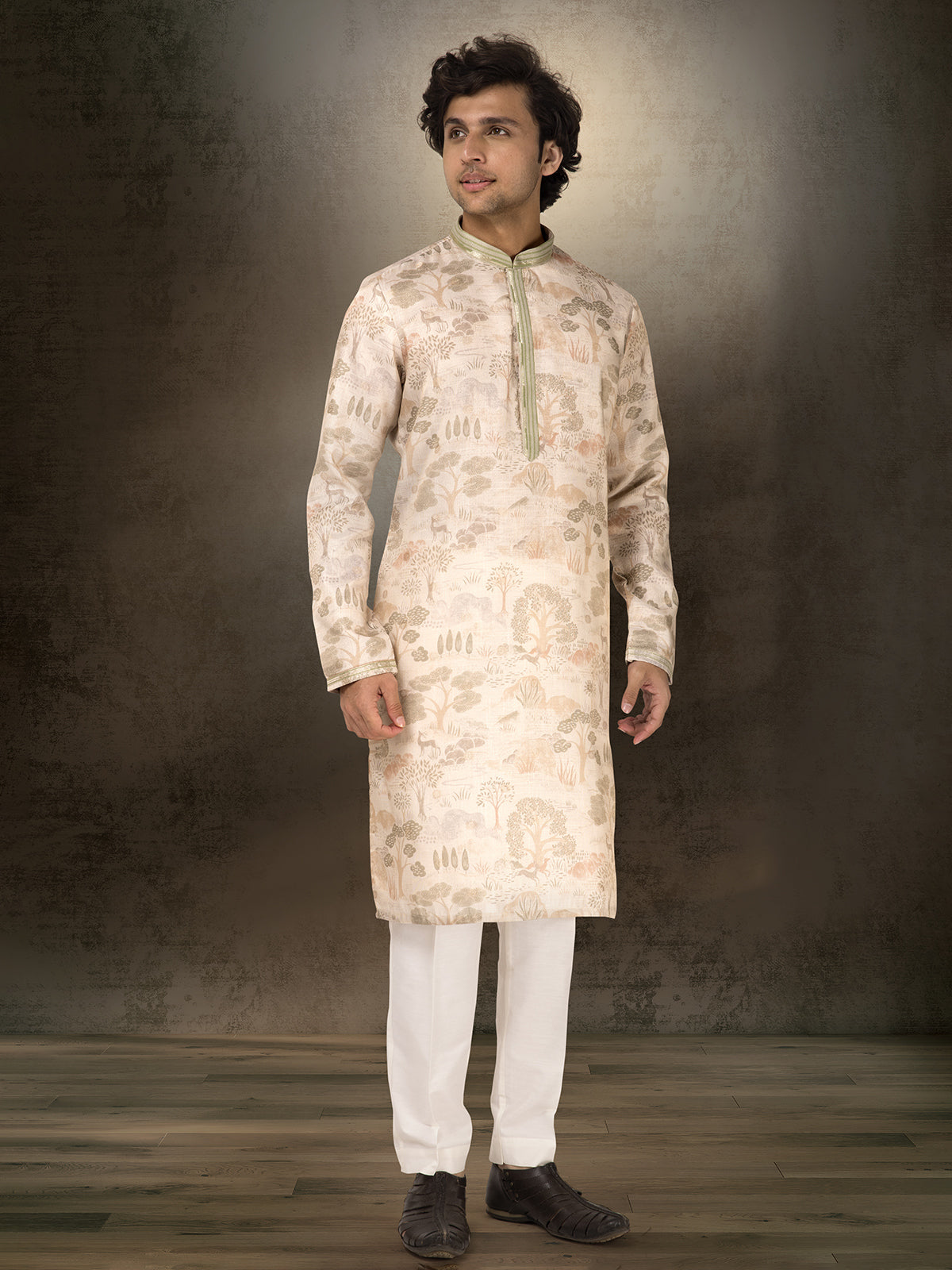 Beige chanderi silk printed kurta suit for weddings