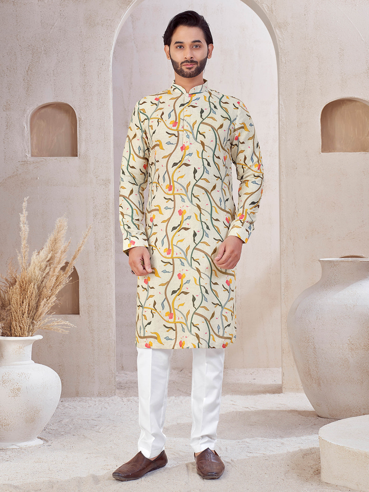Beige cotton festive wear printed kurta suit