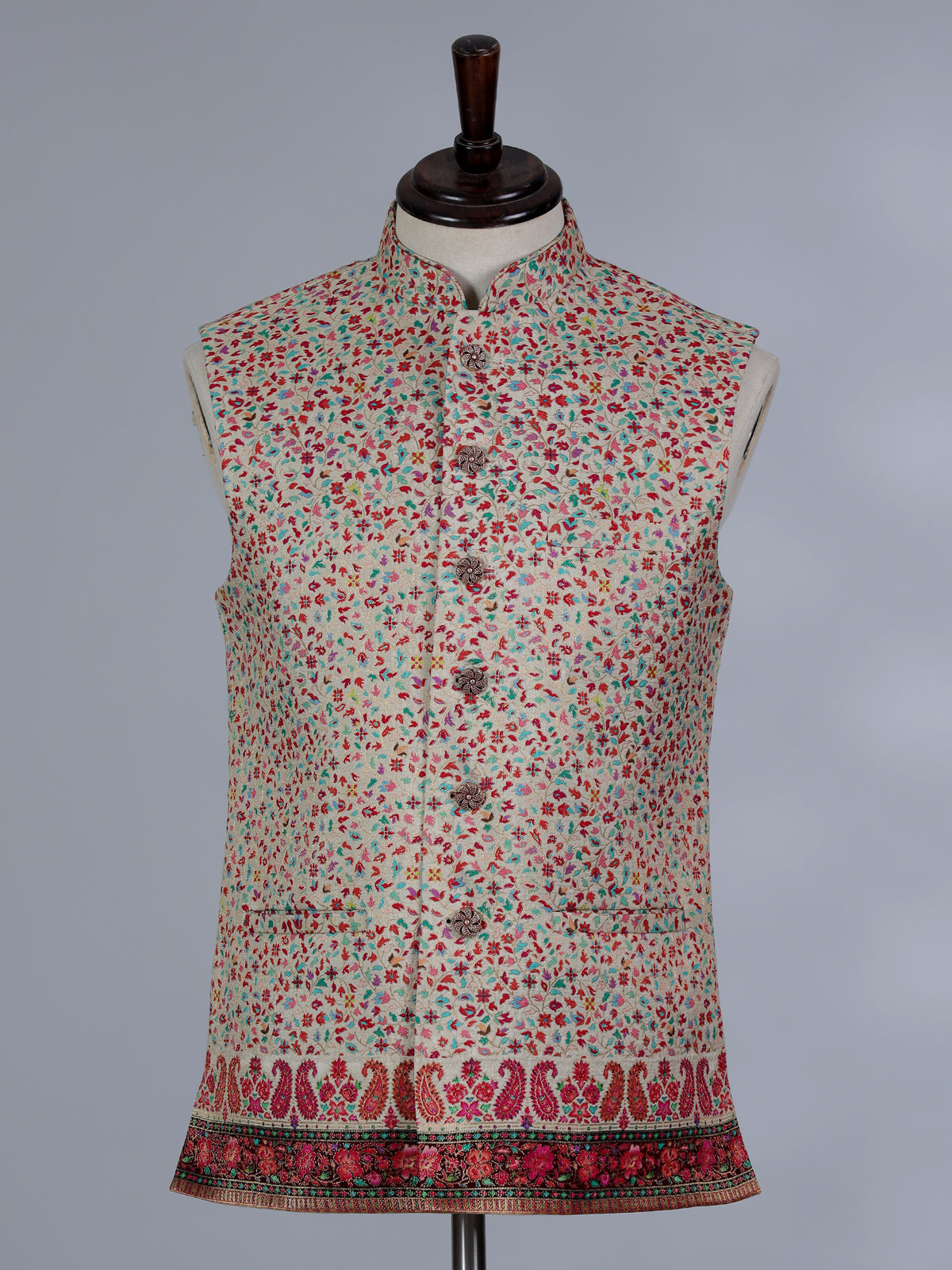 Beige cotton silk waistcoat with colorful motifs