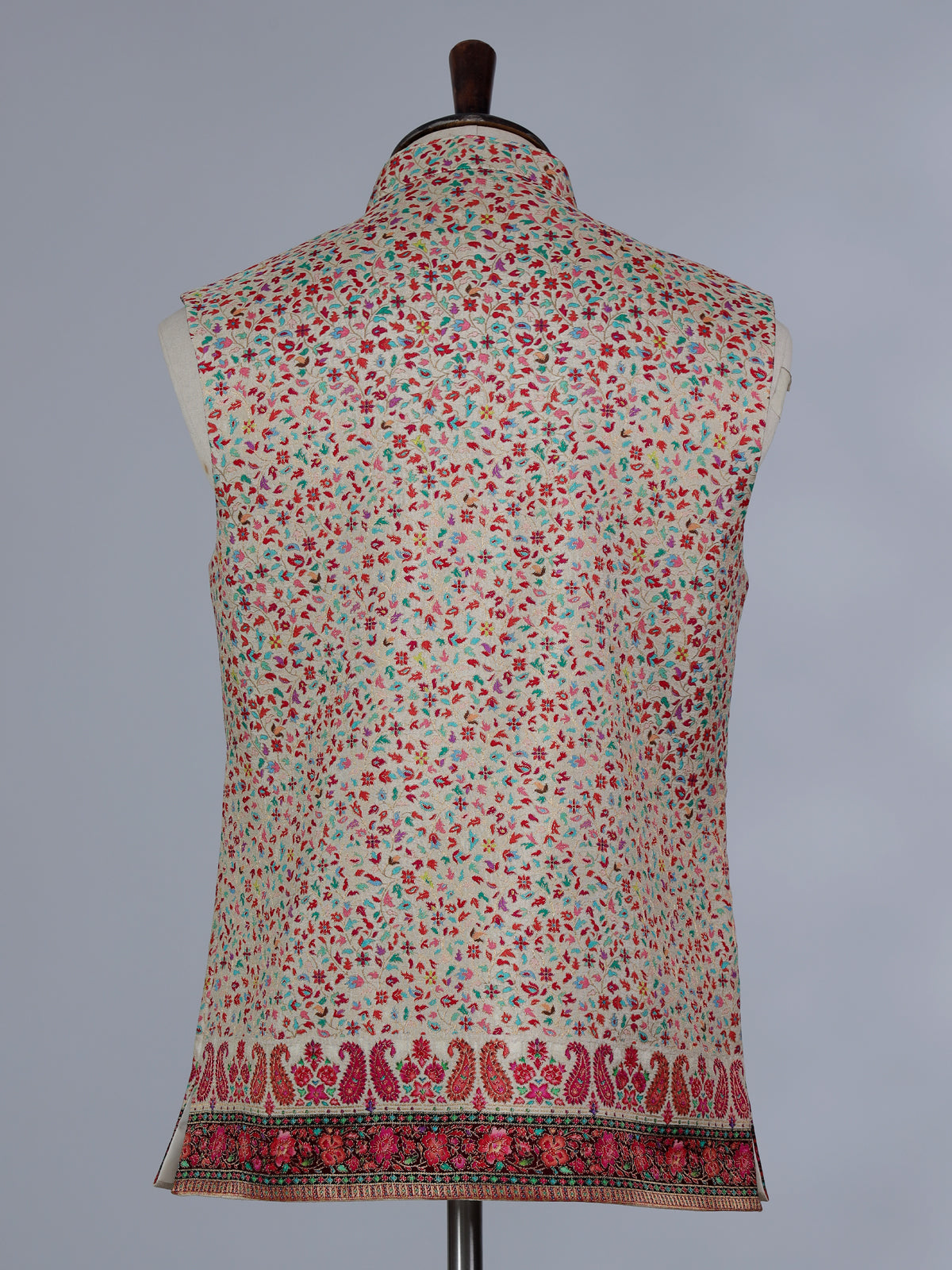Beige cotton silk waistcoat with colorful motifs