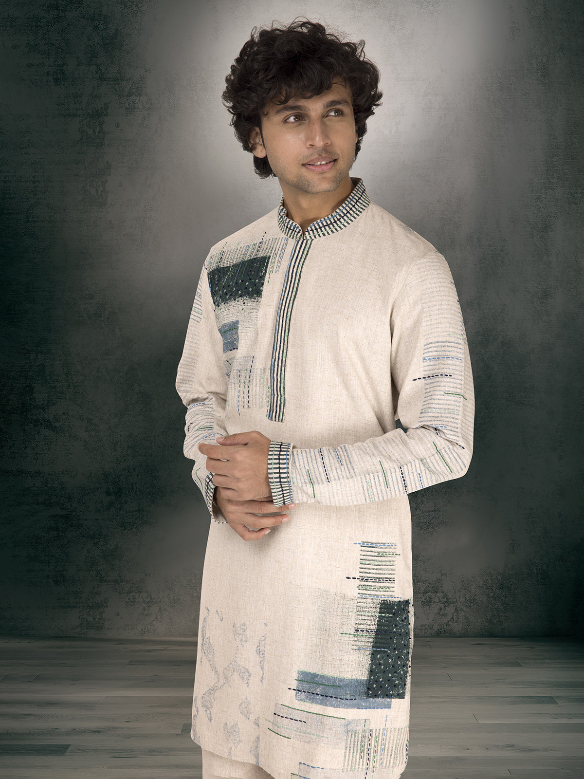 Beige linen cotton printed thread work kurta suit