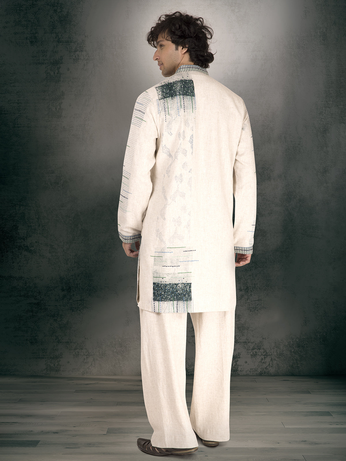 Beige linen cotton printed thread work kurta suit