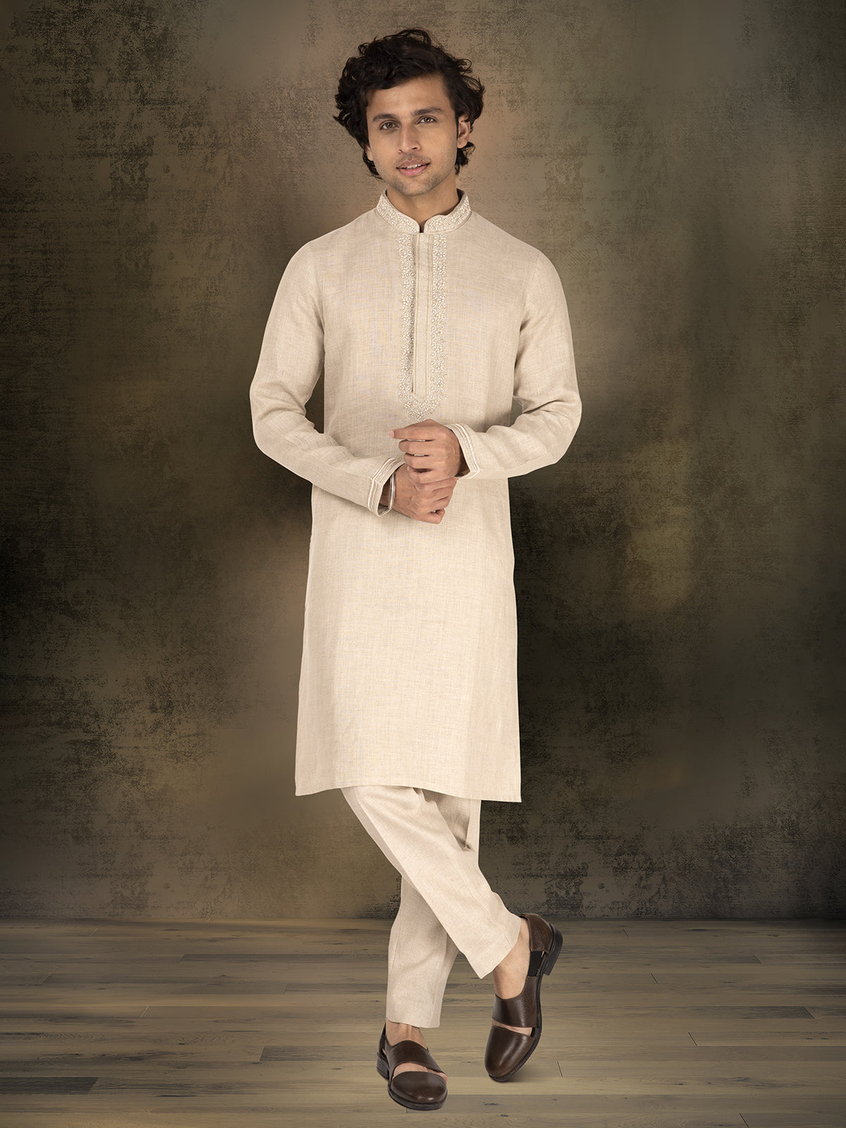 Beige linen kurta suit for festive occasions