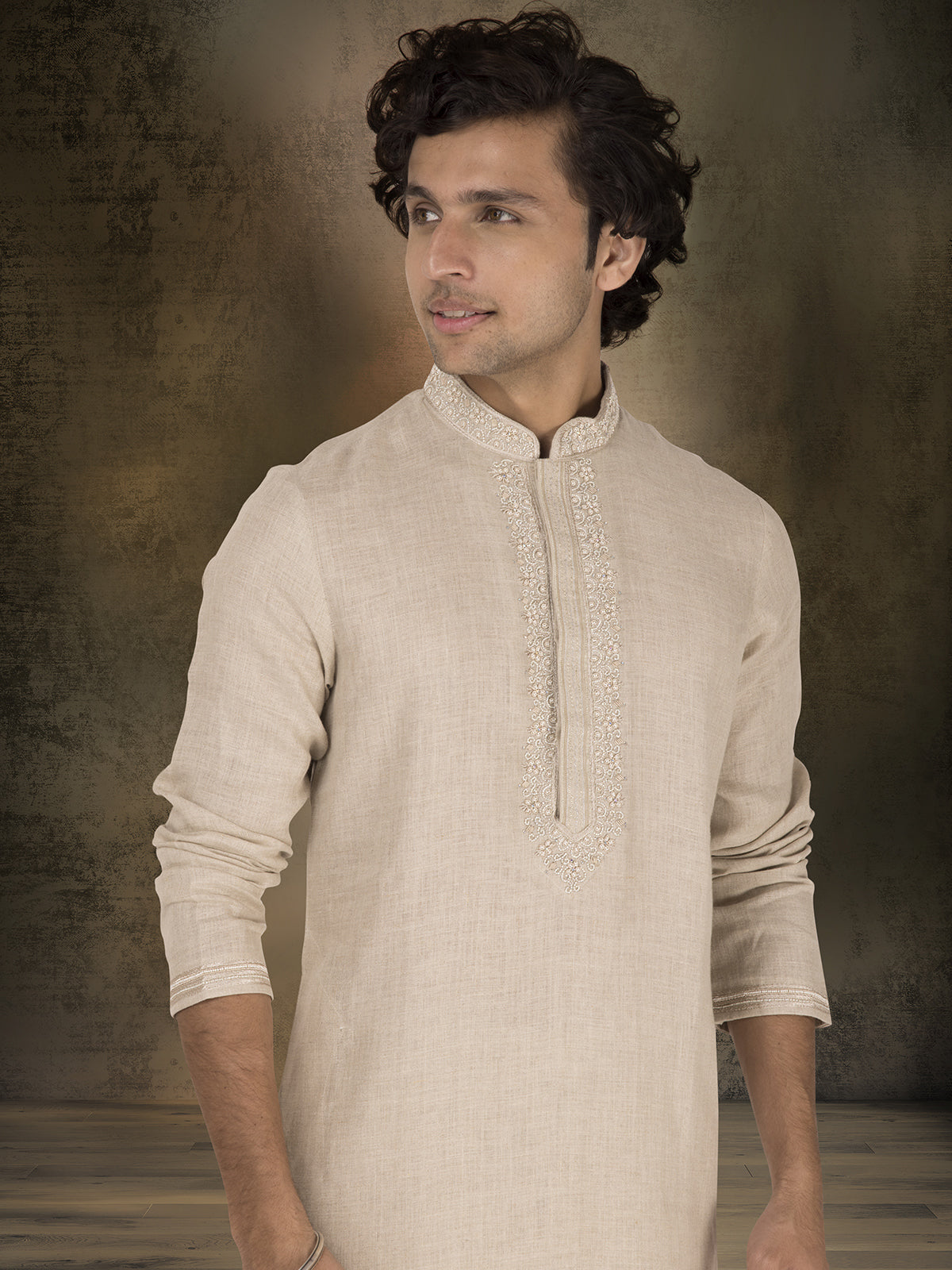 Beige linen kurta suit for festive occasions