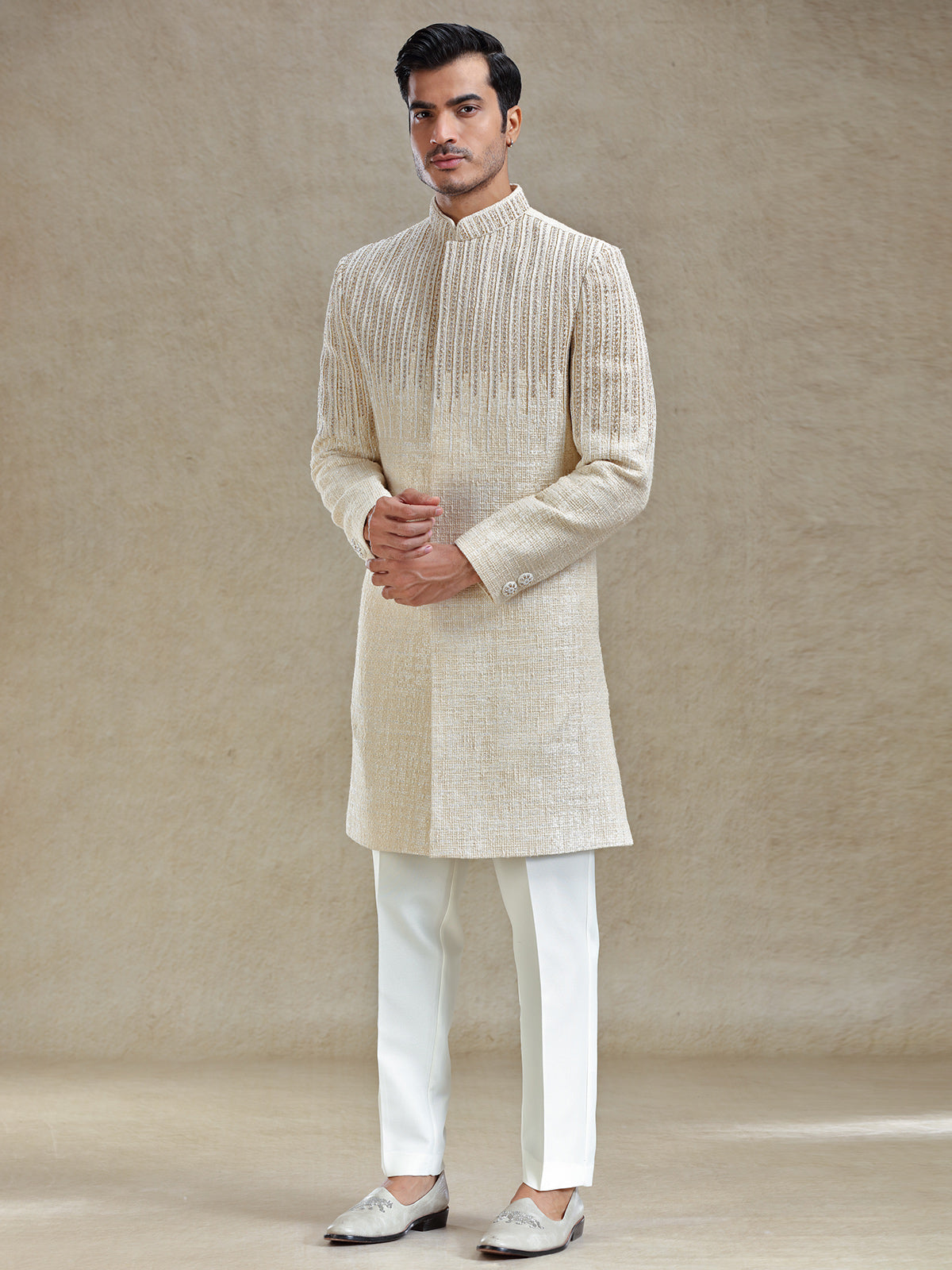 Beige long jacket style textured indo western set