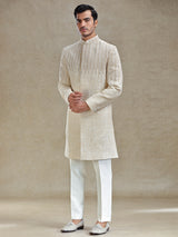 Beige long jacket style textured indo western set