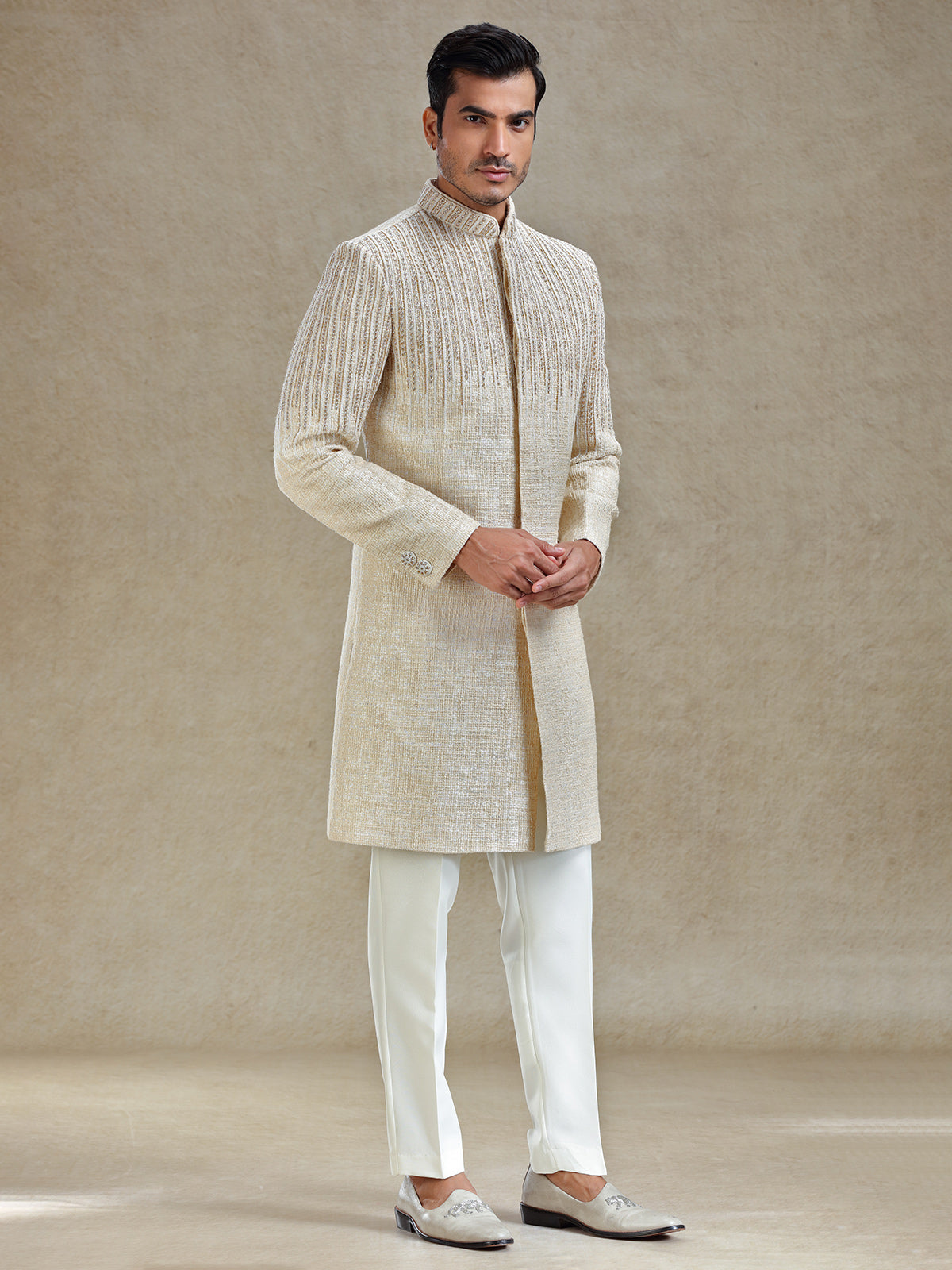 Beige long jacket style textured indo western set