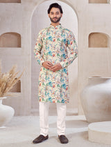 Beige printed festive wear cotton kurta suit