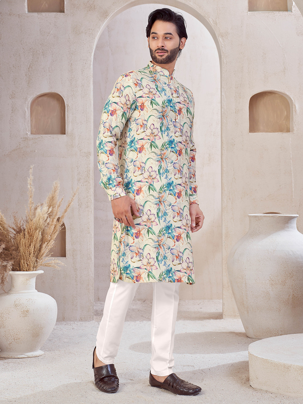 Beige printed festive wear cotton kurta suit