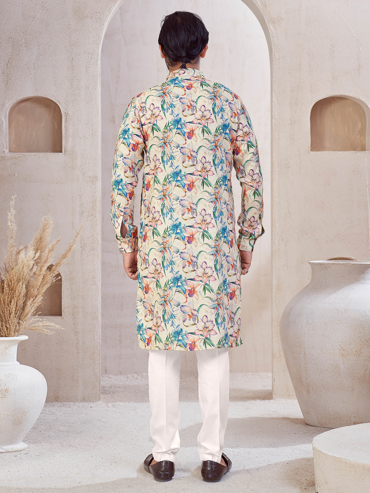 Beige printed festive wear cotton kurta suit