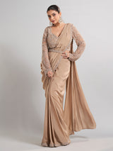 Beige satin silk party wear saree with luxurious embellishments