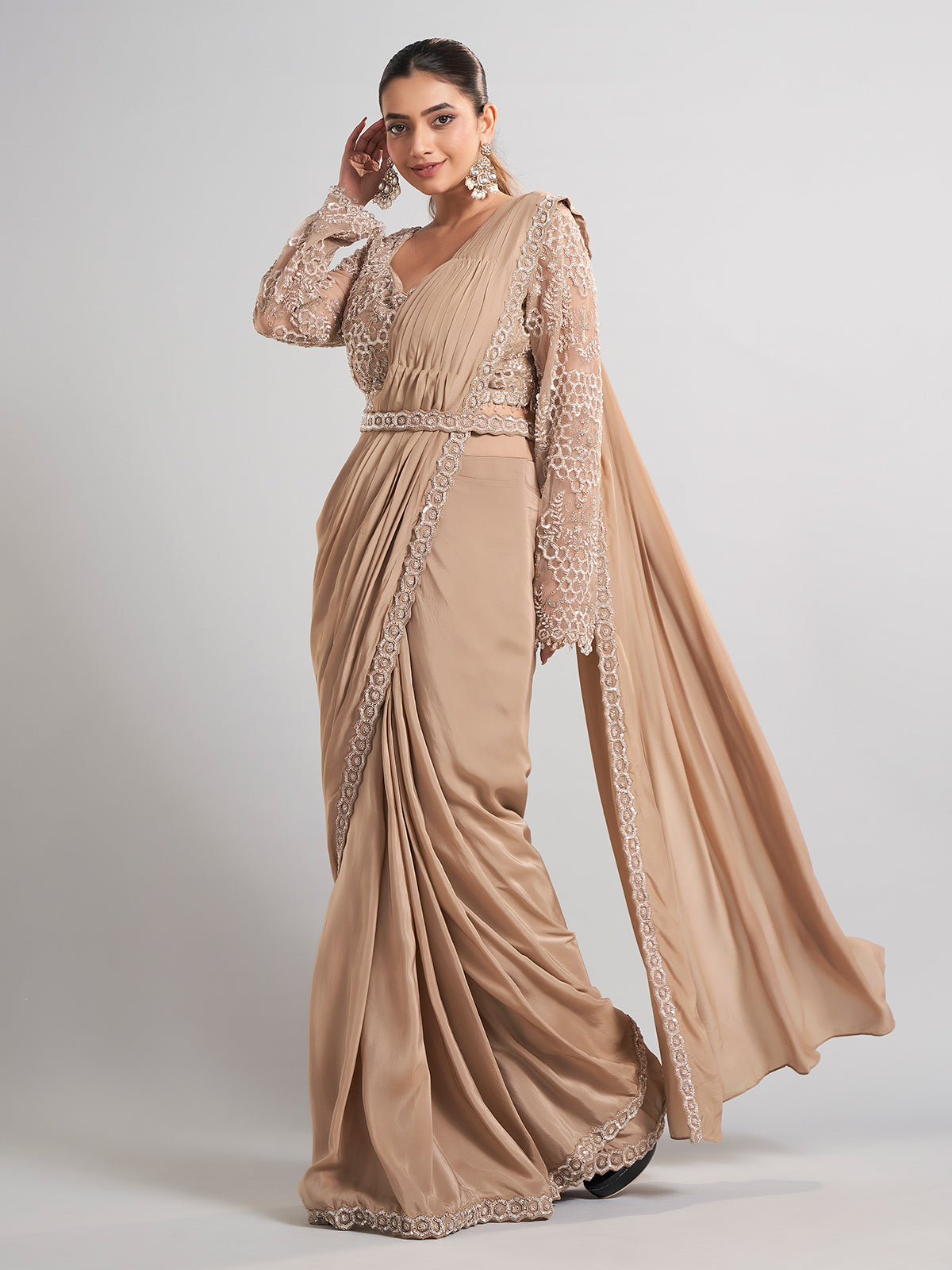 Beige satin silk party wear saree with luxurious embellishments