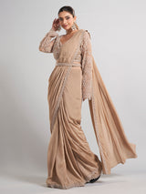 Beige satin silk party wear saree with luxurious embellishments