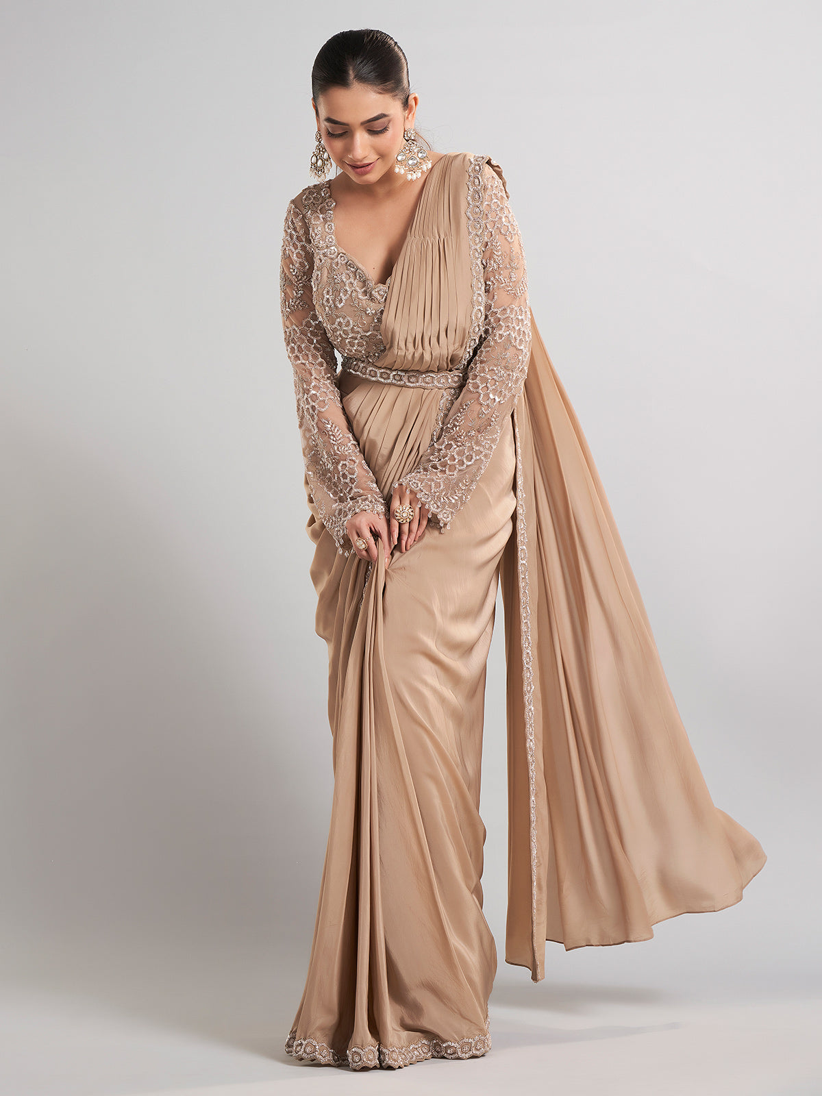 Beige satin silk party wear saree with luxurious embellishments