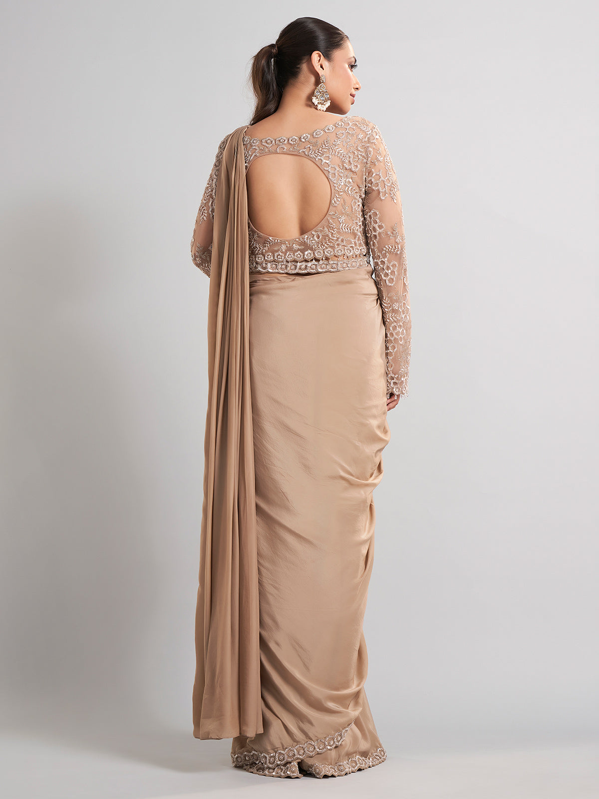 Beige satin silk party wear saree with luxurious embellishments